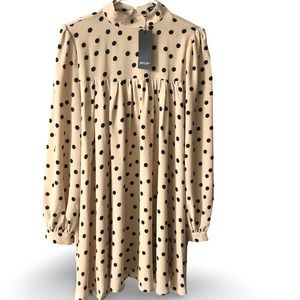 NWT Nasty Gal Tan/Black "Got A Smock To Say Polka Dot Mini Dress"
